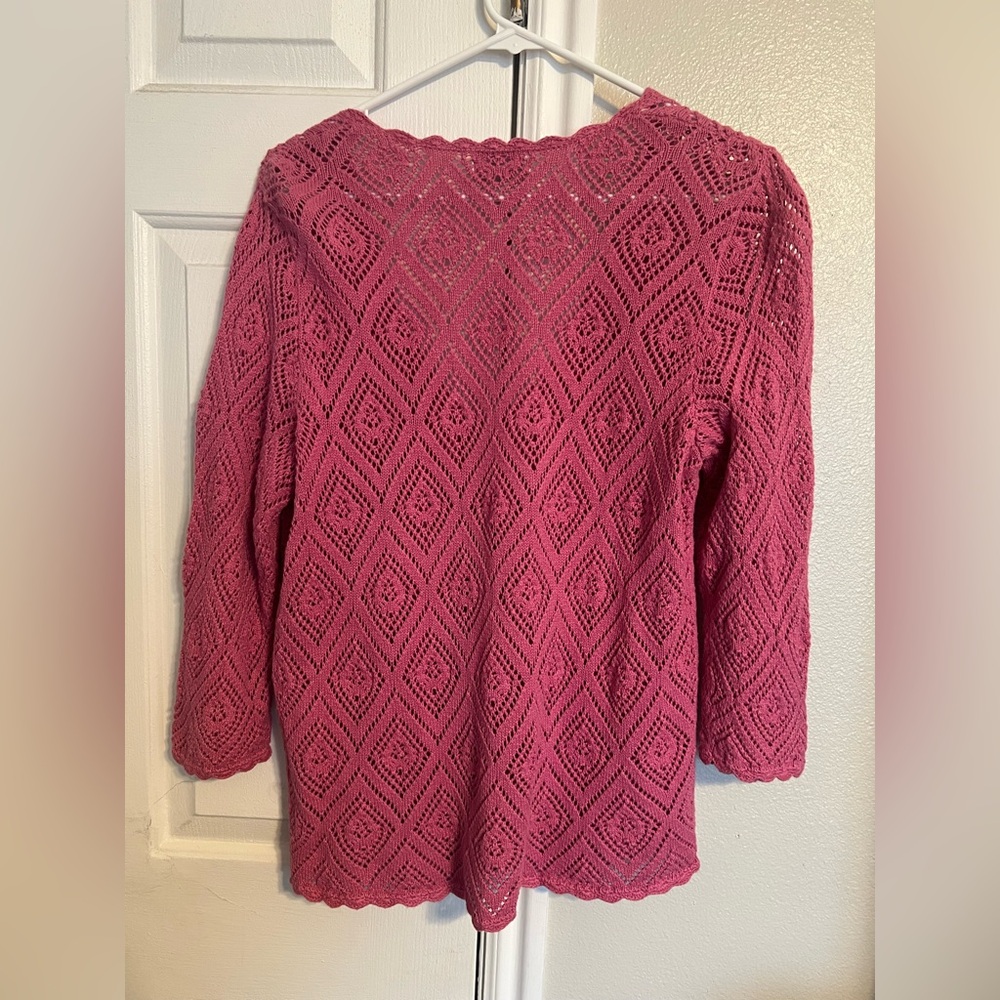 Christopher & Banks Vintage Pink Diamond Hand Crochet Cardigan Scalloped Open - Picture 6 of 6